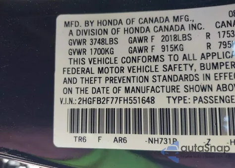 2015 Honda Civic Se from USA, damaged, VIN 2HGFB2F77FH551648
